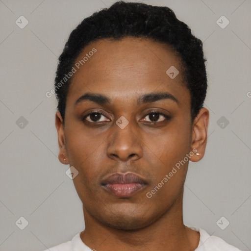 Neutral black young-adult male with short  black hair and brown eyes