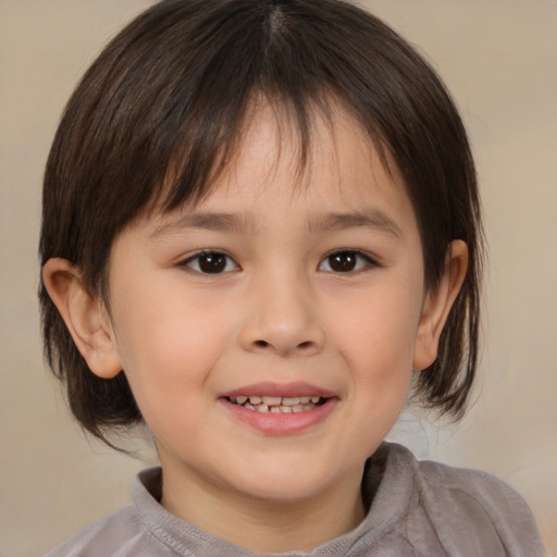 Joyful white child female with medium  brown hair and brown eyes