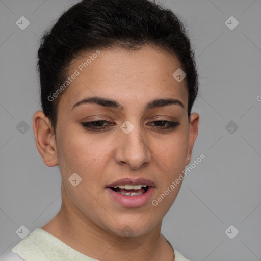 Joyful white young-adult female with short  brown hair and brown eyes