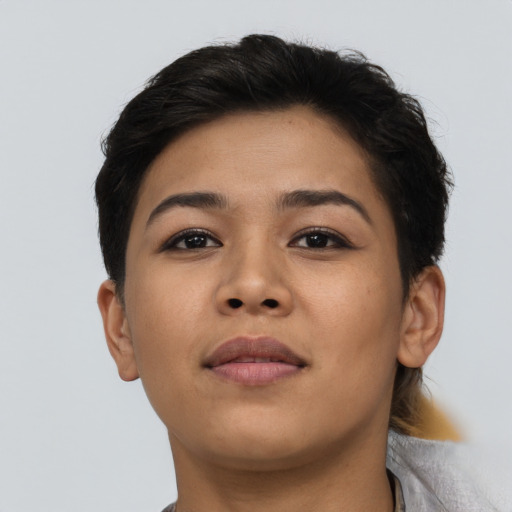 Neutral asian young-adult female with short  brown hair and brown eyes