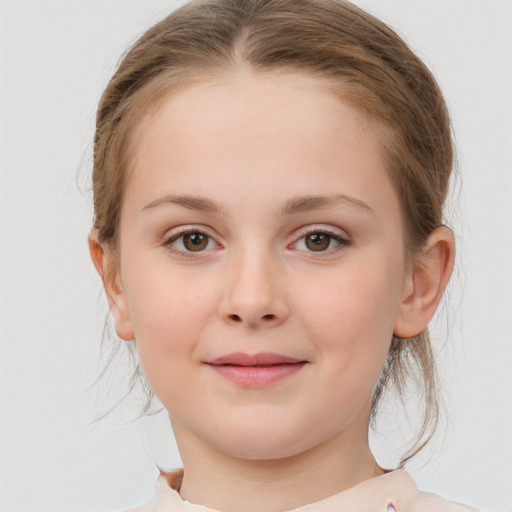 Joyful white child female with medium  brown hair and grey eyes