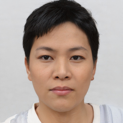 Neutral asian young-adult female with short  brown hair and brown eyes
