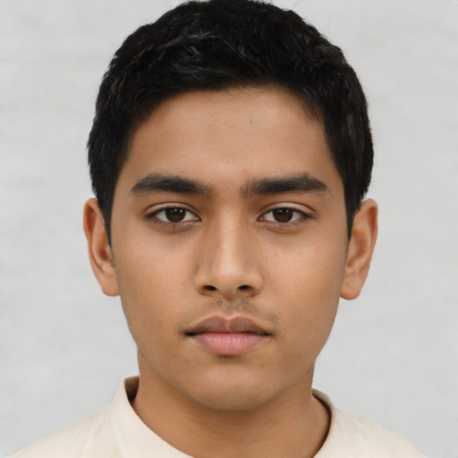 Neutral asian young-adult male with short  black hair and brown eyes