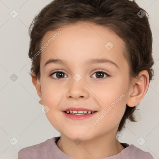 Joyful white child female with medium  brown hair and brown eyes