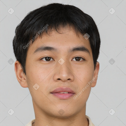 Neutral asian young-adult male with short  brown hair and brown eyes