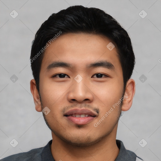 Neutral asian young-adult male with short  black hair and brown eyes