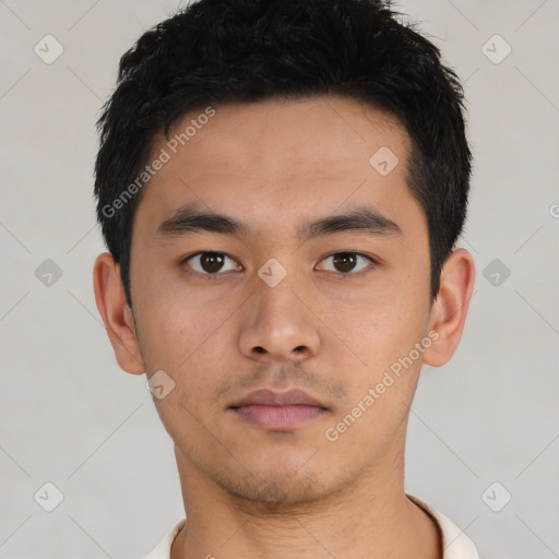 Neutral asian young-adult male with short  black hair and brown eyes