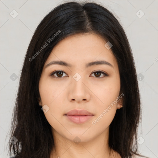 Neutral asian young-adult female with long  brown hair and brown eyes