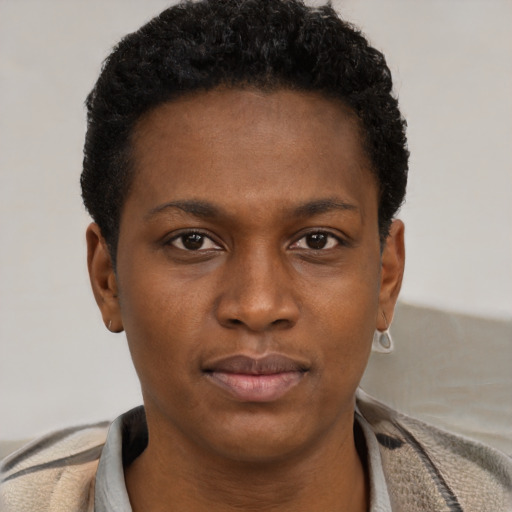 Neutral black young-adult female with short  brown hair and brown eyes