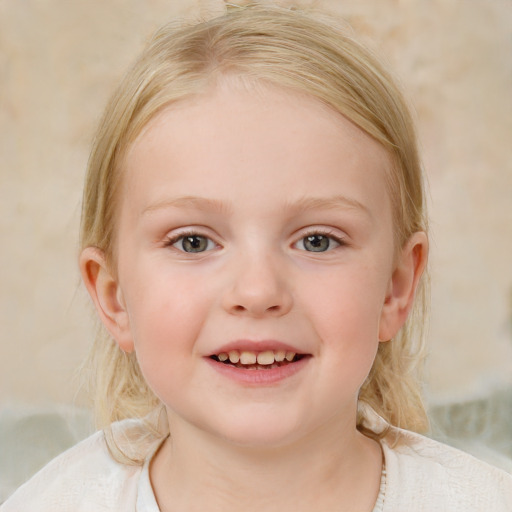 Joyful white child female with medium  brown hair and blue eyes