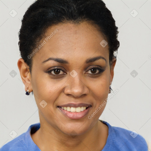 Joyful black young-adult female with short  black hair and brown eyes