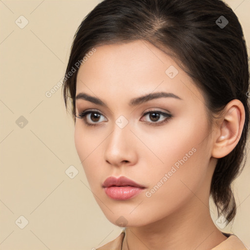 Neutral white young-adult female with long  brown hair and brown eyes