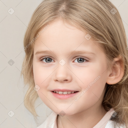 Joyful white child female with medium  brown hair and brown eyes