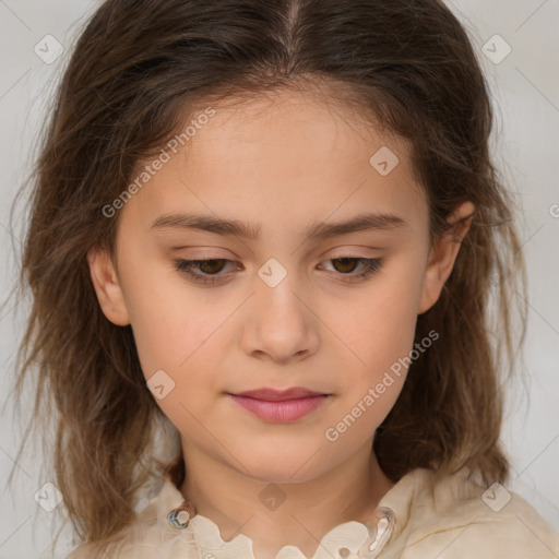 Joyful white child female with medium  brown hair and brown eyes