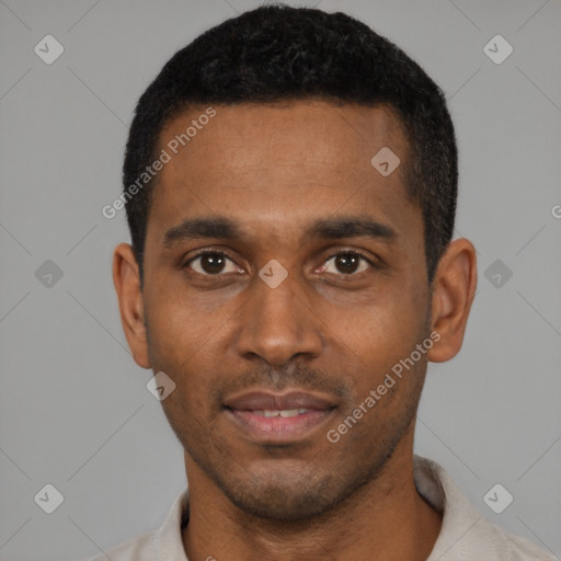 Neutral black young-adult male with short  black hair and brown eyes