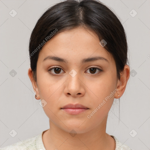 Neutral white young-adult female with medium  brown hair and brown eyes