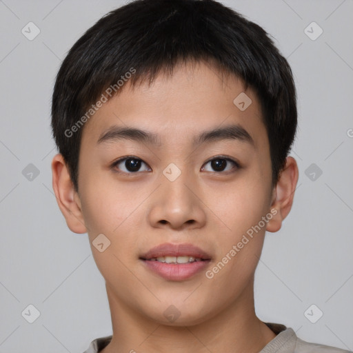 Joyful asian young-adult male with short  brown hair and brown eyes