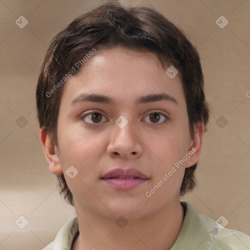 Neutral white young-adult female with medium  brown hair and brown eyes