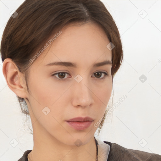 Neutral white young-adult female with medium  brown hair and brown eyes