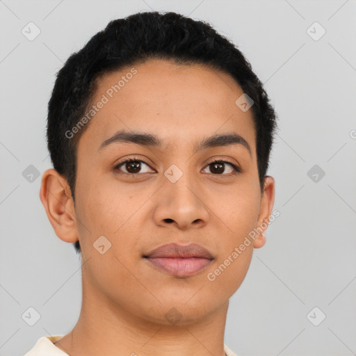 Joyful latino young-adult male with short  black hair and brown eyes