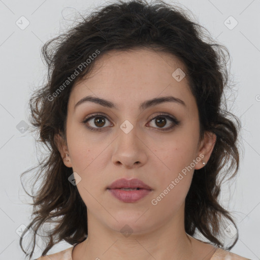 Neutral white young-adult female with medium  brown hair and brown eyes