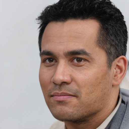 Neutral white adult male with short  black hair and brown eyes