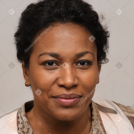 Joyful black adult female with short  brown hair and brown eyes