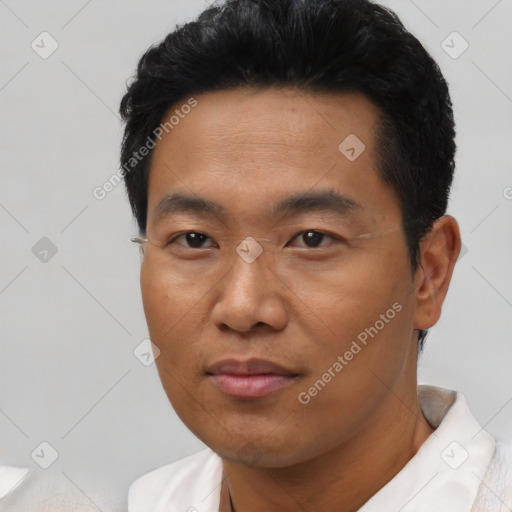 Neutral asian young-adult male with short  black hair and brown eyes