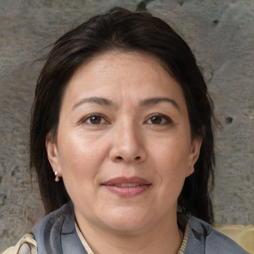 Joyful white adult female with medium  brown hair and brown eyes