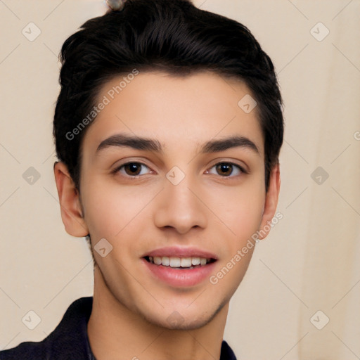 Joyful white young-adult male with short  black hair and brown eyes