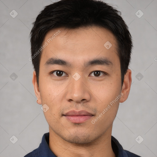 Neutral asian young-adult male with short  black hair and brown eyes