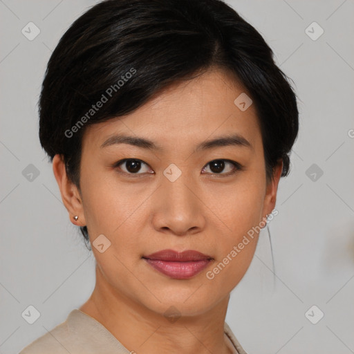 Joyful asian young-adult female with short  brown hair and brown eyes