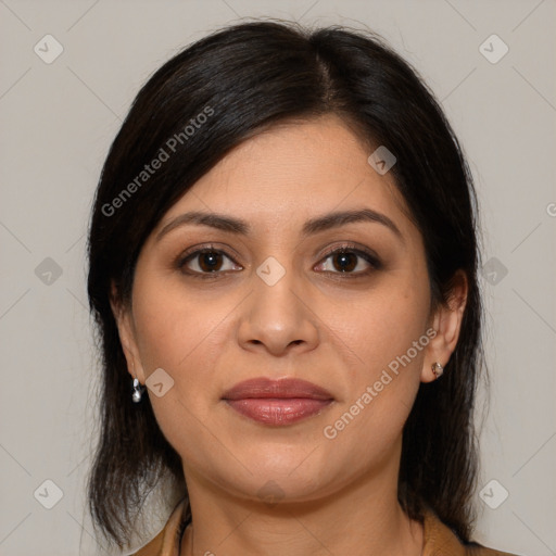 Joyful white young-adult female with medium  brown hair and brown eyes