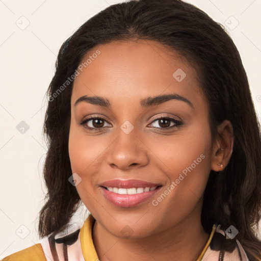 Joyful white young-adult female with long  brown hair and brown eyes