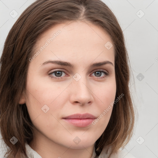 Neutral white young-adult female with medium  brown hair and grey eyes