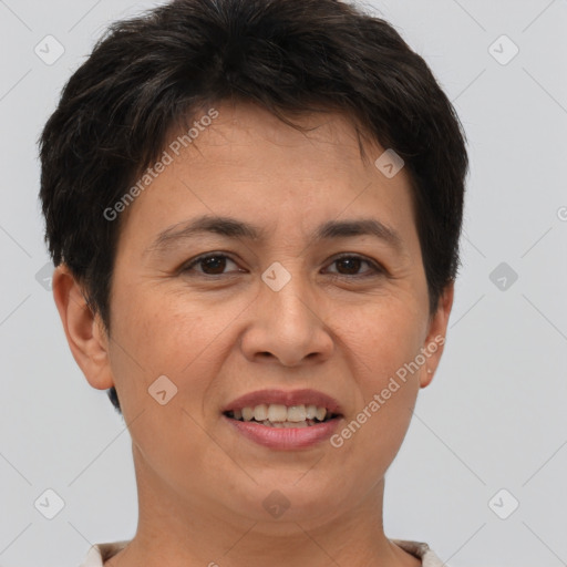 Joyful white adult female with short  brown hair and brown eyes