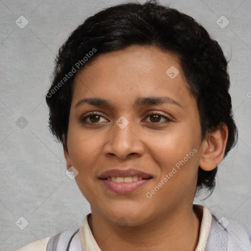 Joyful asian young-adult female with short  black hair and brown eyes