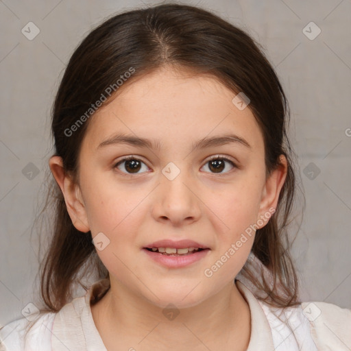 Joyful white child female with medium  brown hair and brown eyes