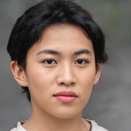 Neutral asian young-adult female with medium  black hair and brown eyes
