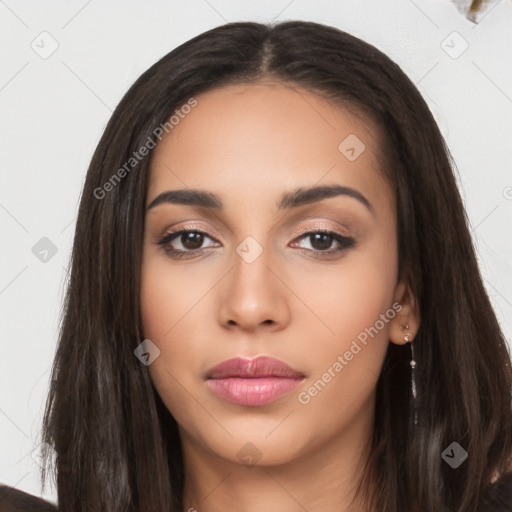 Neutral latino young-adult female with long  black hair and brown eyes