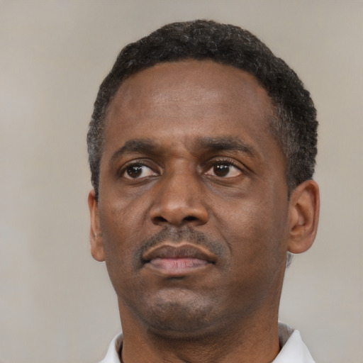 Neutral black adult male with short  black hair and brown eyes
