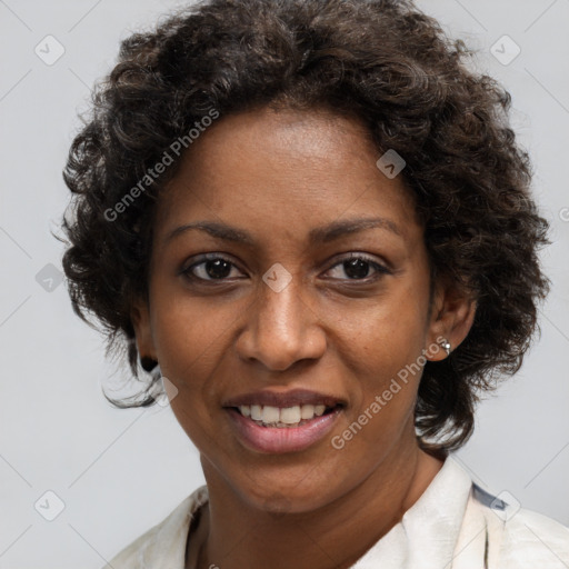 Joyful black adult female with short  brown hair and brown eyes