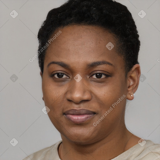 Joyful black young-adult female with short  black hair and brown eyes