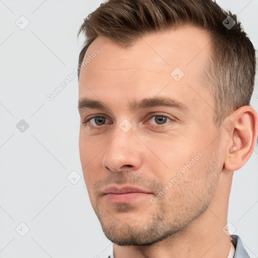 Neutral white young-adult male with short  brown hair and brown eyes