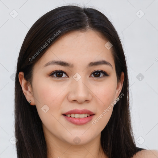 Joyful white young-adult female with long  brown hair and brown eyes