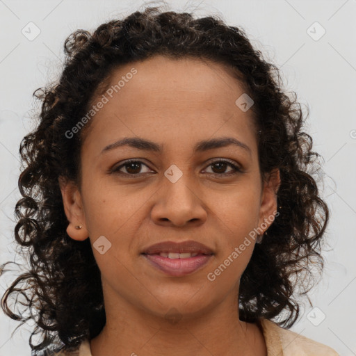 Joyful black young-adult female with medium  brown hair and brown eyes