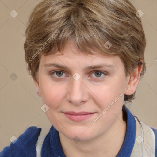 Joyful white young-adult female with medium  brown hair and blue eyes