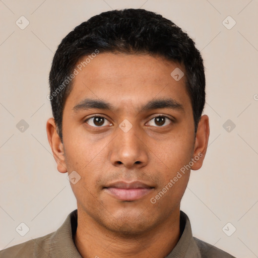 Neutral latino young-adult male with short  black hair and brown eyes