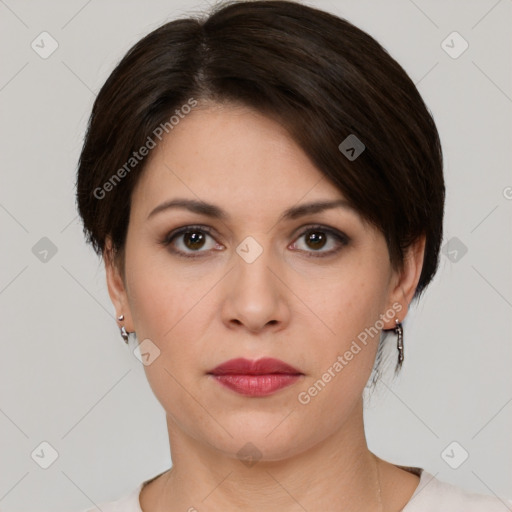 Neutral white young-adult female with short  brown hair and brown eyes