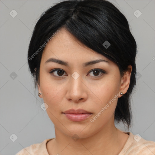 Neutral asian young-adult female with medium  black hair and brown eyes